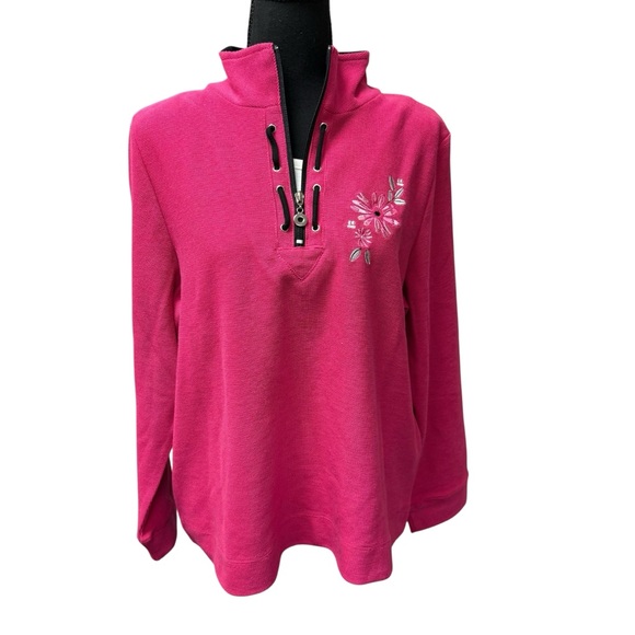 Allison Daley Tops - Allison Daley Pink Floral Embroidered Quarter Zip Pullover Petite Large